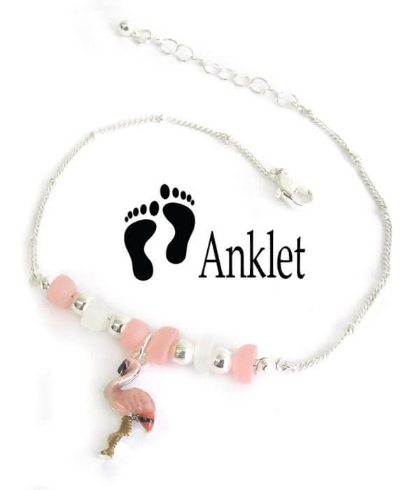 Multi Sea Glass Flamingo Anklet with pink and white accents, summer beach style, adjustable length, adorable accessory.