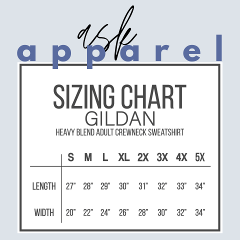 Gildan sizing chart for heavy blend adult crewneck sweatshirt, showing size dimensions for S-5X.