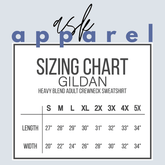 Gildan sizing chart for heavy blend adult crewneck sweatshirt, showing size dimensions for S-5X.