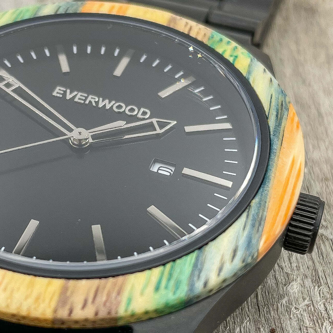 Inverness SS Multi Bamboo watch close-up, featuring a vibrant bamboo bezel and Miyota Japanese Quartz movement.