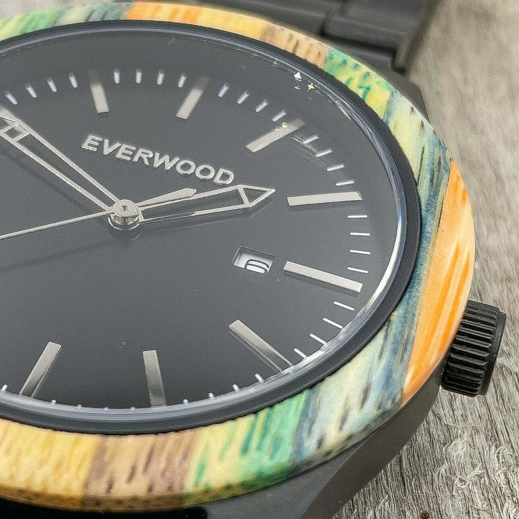 Inverness SS Multi Bamboo watch close-up, featuring a vibrant bamboo bezel and Miyota Japanese Quartz movement.