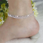 Multi Row Crystal Chain Anklet showcasing 3 chain rows and 1 crystal row, designed with a lobster claw clasp and extension.
