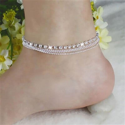 Multi Row Crystal Chain Anklet showcasing 3 chain rows and 1 crystal row, designed with a lobster claw clasp and extension.