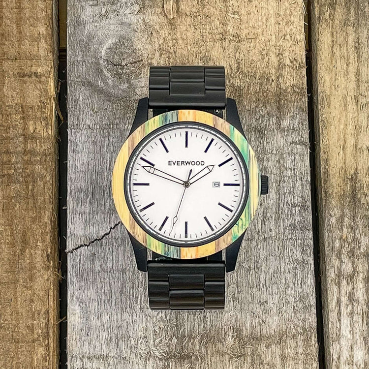 Inverness SS Multi-Colored Bamboo Wood and Stainless Steel Watch on rustic wooden background.