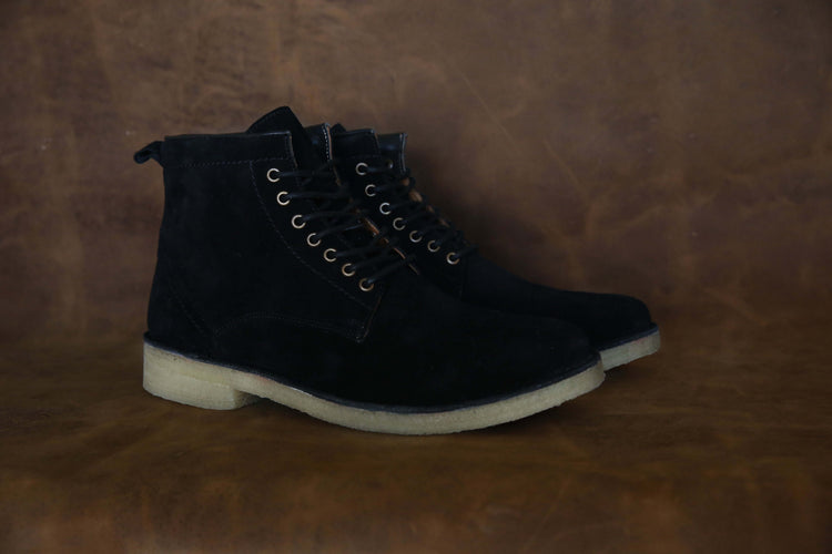 The Hunter | Black urban hiker boots featuring suede upper, padded collar, and crepe outsole.