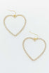 Elegant gold heart earrings with rhinestones, 2x2 inches, perfect for adding sophistication to any outfit.