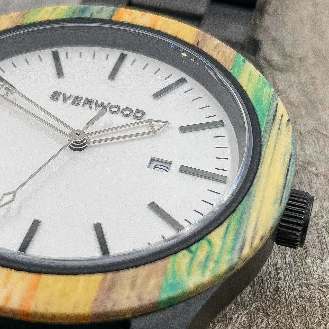 Inverness SS Multi-Colored Bamboo and Stainless Steel Watch close-up, featuring white dial and applied indices.