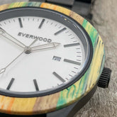 Inverness SS Multi-Colored Bamboo and Stainless Steel Watch close-up, featuring white dial and applied indices.