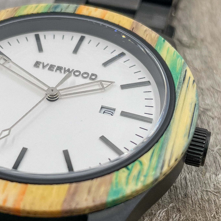 Inverness SS Multi-Colored Bamboo and Stainless Steel Watch close-up, featuring white dial and applied indices.