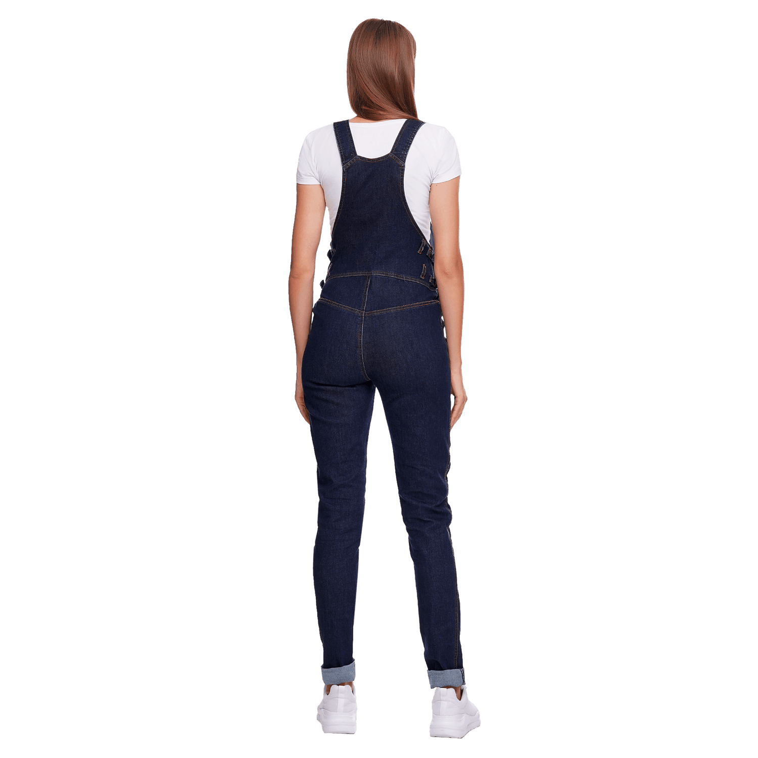 Back view of a woman wearing long belly support maternity overalls, showcasing comfort and style for pregnant mothers.