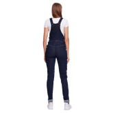 Back view of a woman wearing long belly support maternity overalls, showcasing comfort and style for pregnant mothers.