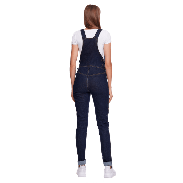 Back view of a woman wearing long belly support maternity overalls, showcasing comfort and style for pregnant mothers.