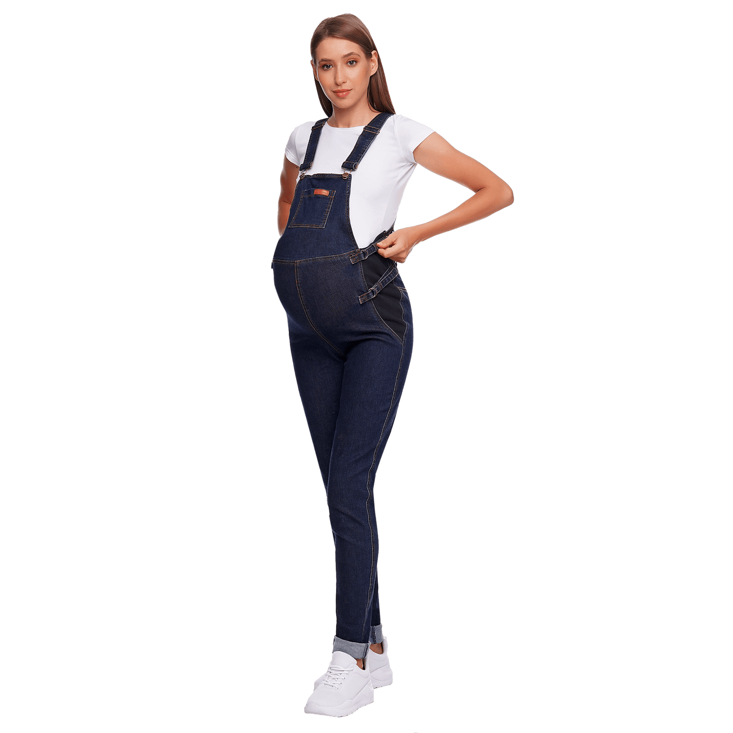 Belly Support Maternity Overall in dark denim, designed for comfort and style during pregnancy.