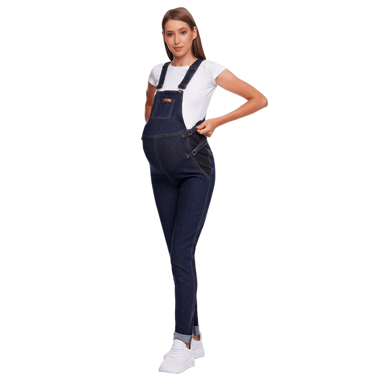 Belly Support Maternity Overall in dark denim, designed for comfort and style during pregnancy.