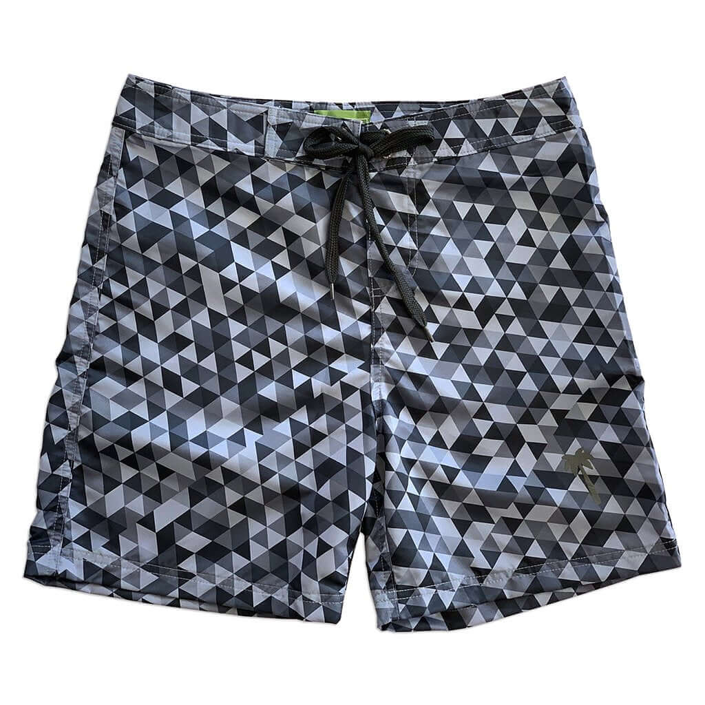 Sustainable geometric gray boardshorts, 17" length, quick-dry fabric, eco-friendly design.