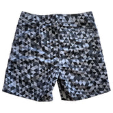 Back view of Sustainable Surf Geometric Gray 17" Boardshorts featuring a modern geometric pattern.
