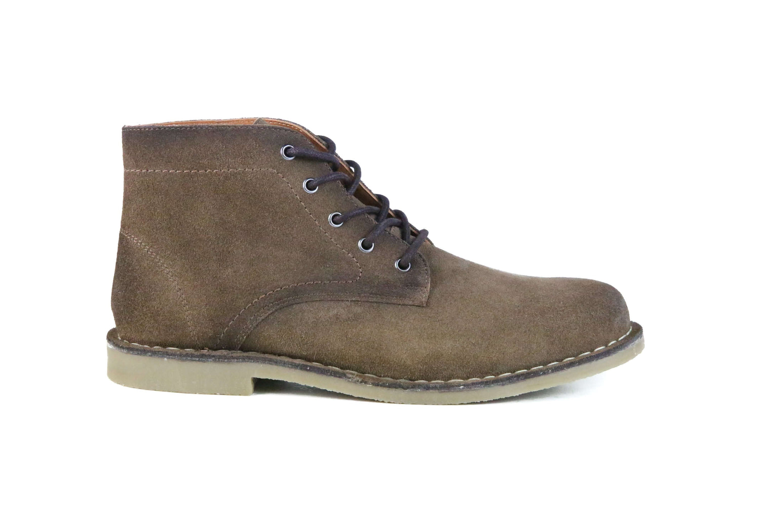 The Grover Burnished Tobacco Suede desert boot featuring 5 eyelets and a classic silhouette, ideal for casual outings.