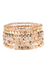 Faith charm mixed beads bracelet stacked with glass and base metal beads, features engraved &