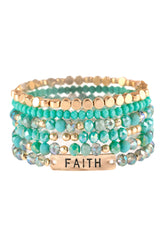 "Faith" mixed beads bracelet with gold accents and turquoise glass beads, stylish and stretchable for unique arm candy.