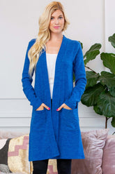 Brushed blue sweater pocket cardigan with open front and long sleeves, perfect for layering in cold weather.