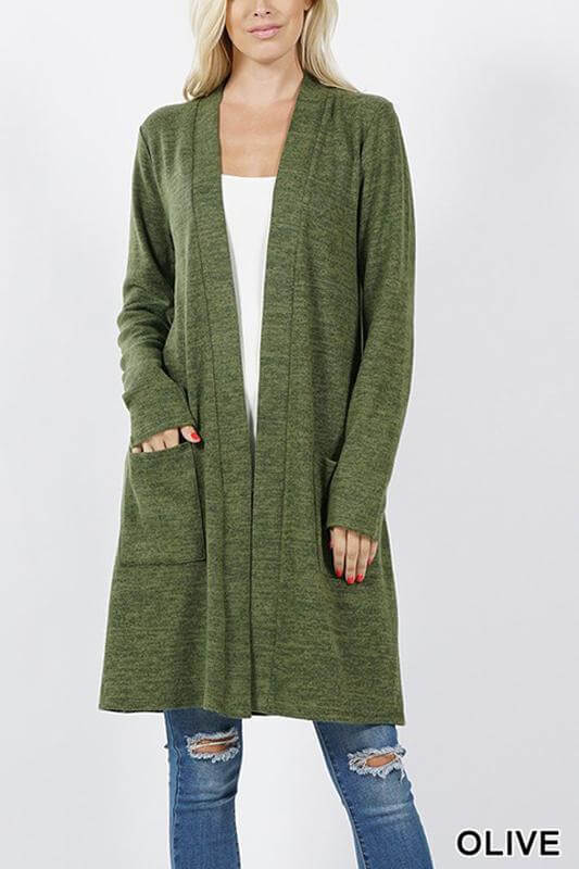 Olive brushed sweater pocket cardigan featuring long sleeves and an open front, perfect for cold-weather layering.