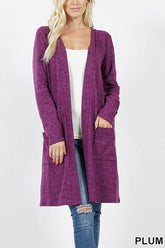 Soft brushed plum cardigan with long sleeves and side pockets, perfect for cold-weather layering.
