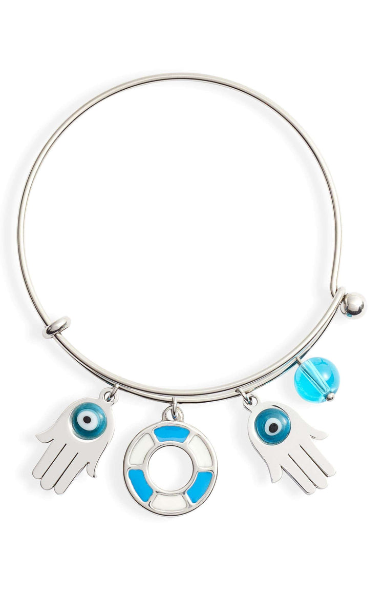 Multi Charm Bangle featuring hand and lifebuoy charms in stainless steel, available in multiple colors.