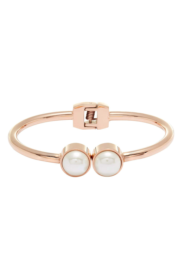 Elegant Pearl Hinge Bangle in rose gold-tone with faux pearl accents, designed for effortless wear and a secure fit.