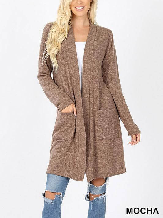 Soft mocha brushed cardigan with open front and pockets, perfect for layering in cold weather.