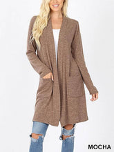 Soft mocha brushed cardigan with open front and pockets, perfect for layering in cold weather.