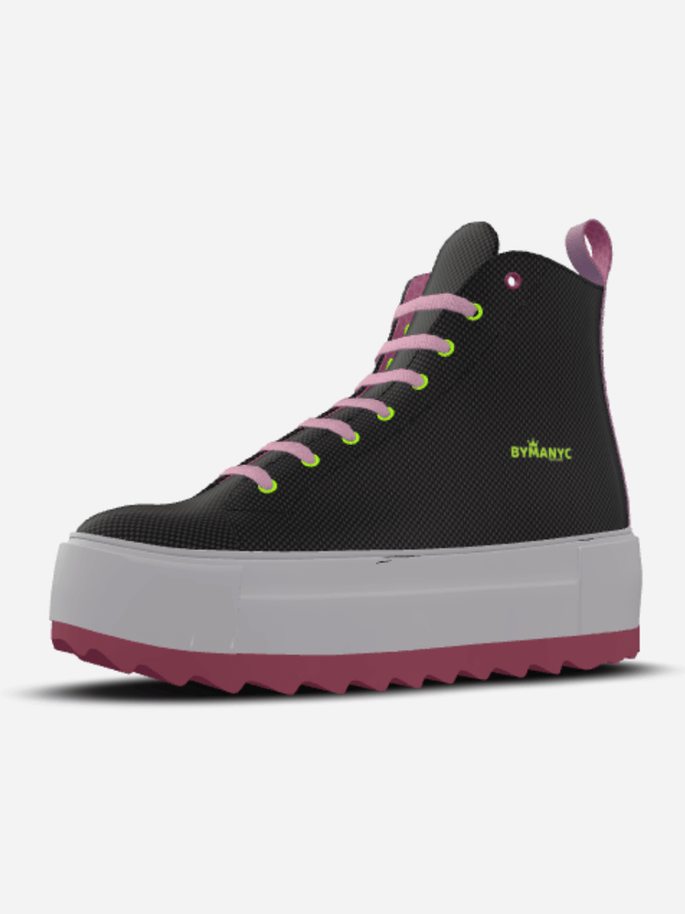 Sustainable BYMANYC® ankle boots in black with pink laces and gray platform, offering eco-friendly luxury and style.