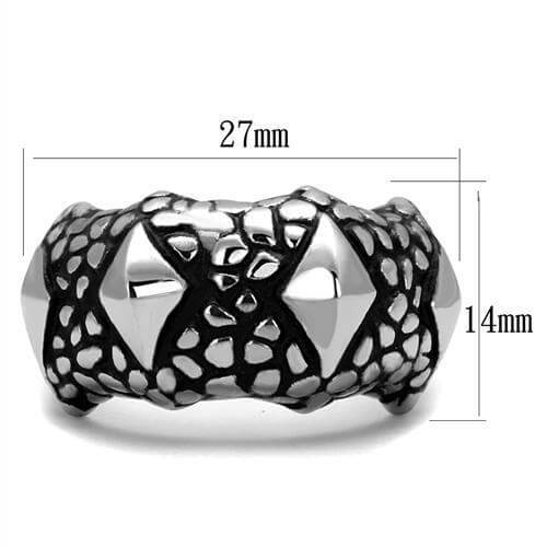 High polished stainless steel ring with textured design, measuring 27mm x 14mm, featuring a striking black finish.