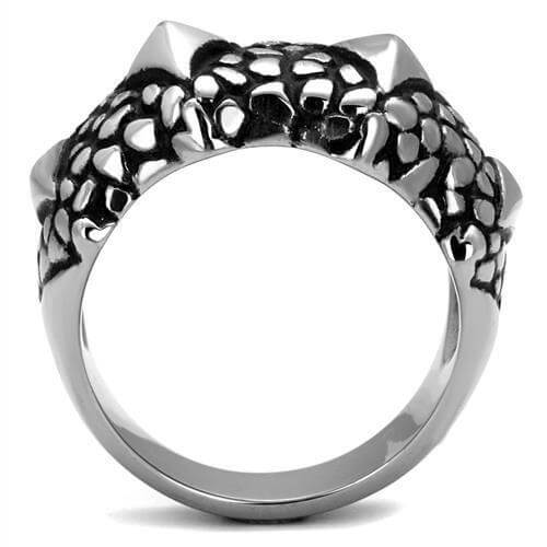 High polished stainless steel ring with unique textured design, featuring a bold black epoxy finish.