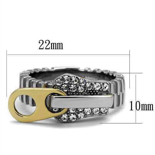 Two-tone IP gold stainless steel ring with clear top grade crystal accents, featuring a unique buckle design.