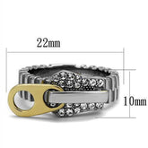 Two-tone IP gold stainless steel ring with clear top grade crystal accents, featuring a unique buckle design.