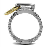 2-Tone IP Gold stainless steel ring with top grade clear crystal, showcasing elegant design and premium materials.