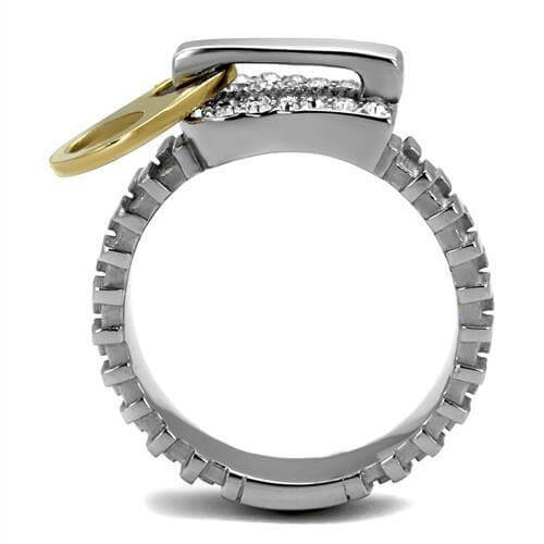 2-Tone IP Gold stainless steel ring with top grade clear crystal, showcasing elegant design and premium materials.