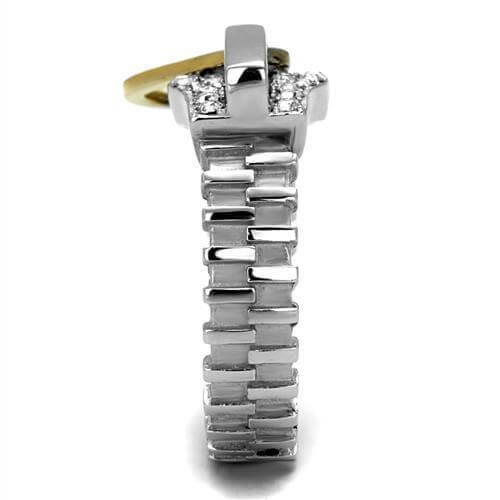 2-tone IP gold stainless steel ring with top grade clear crystal, showcasing a sleek design and elegant finish.