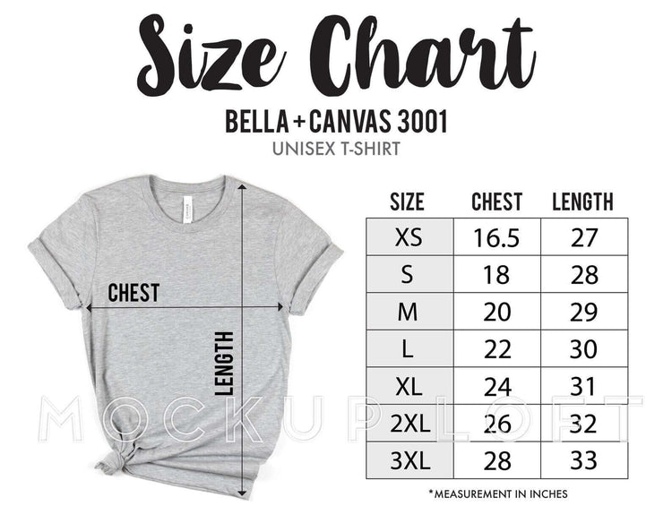 Size chart for Bella + Canvas 3001 unisex t-shirt, showing measurements for XS to 3XL in inches.