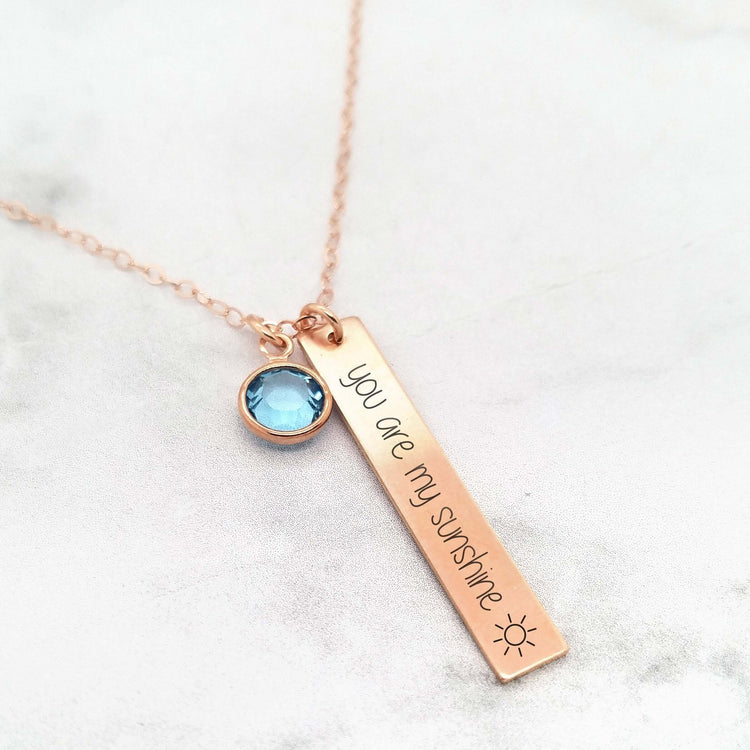 You Are My Sunshine necklace with rose gold bar and blue gemstone, perfect personalized gift for mom or grandma.