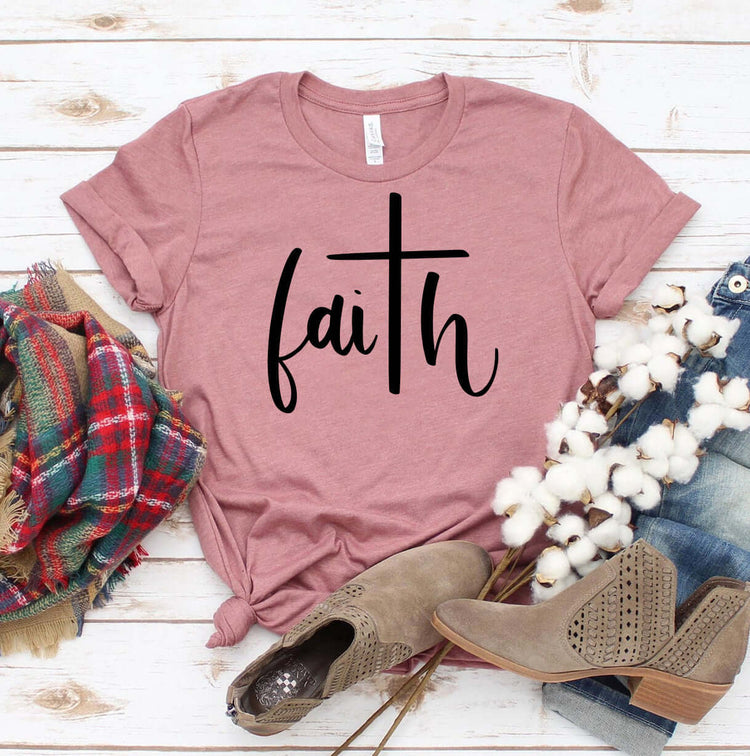 Faith Cross T-Shirt in rose color with stylish design, soft fabric, and comfortable retail fit.