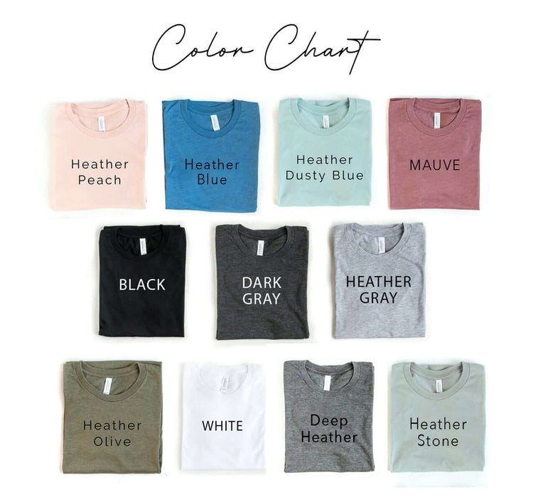 Color chart showcasing various t-shirt options including Heather Peach, Mauve, Black, and more.
