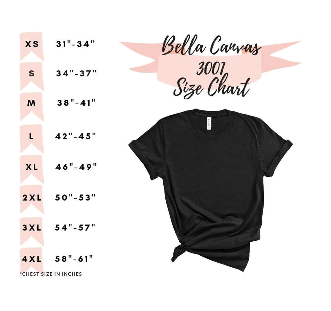 Bella Canvas 3001 size chart with measurements for various t-shirt sizes XS to 4XL.