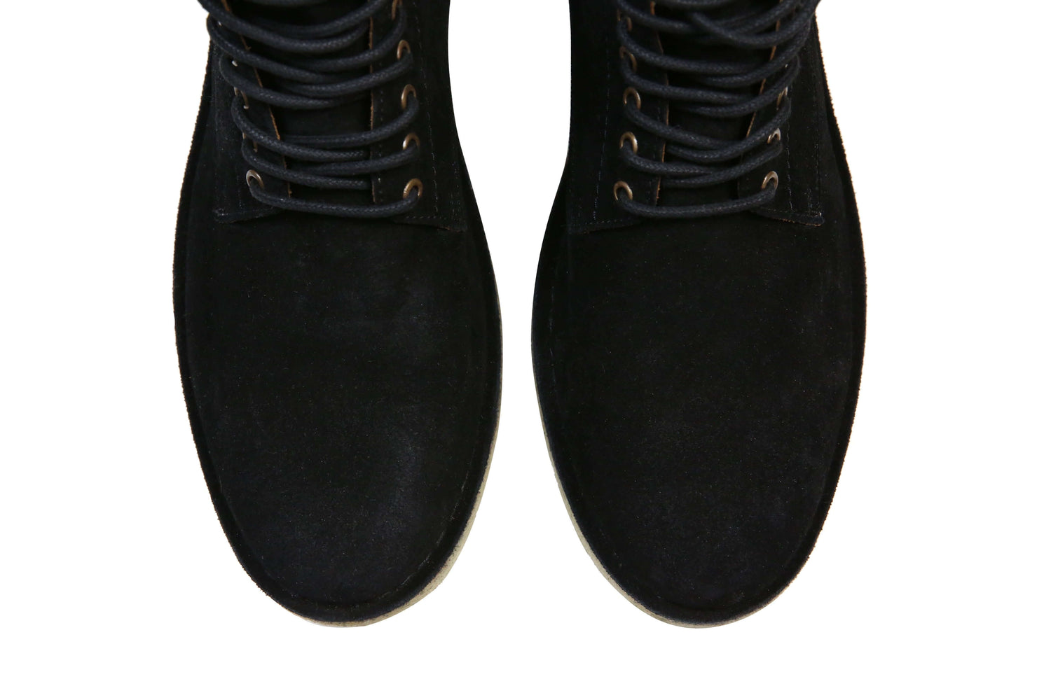 Top view of The Hunter black urban hiker boots featuring suede upper and six eyelets.