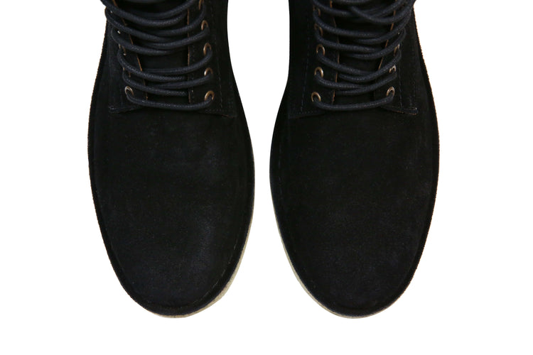 Top view of The Hunter black urban hiker boots featuring suede upper and six eyelets.