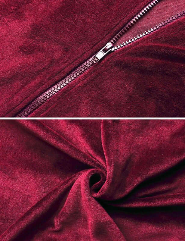 Close-up of a burgundy fabric showing zipper and soft texture, highlighting high-quality material of women&
