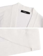 Close-up of a white 3/4 sleeve cropped cardigan showcasing its soft fabric and open-front design.