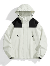 Unisex couple waterproof windproof jacket with removable hood in white and black, perfect for autumn-winter leisure.