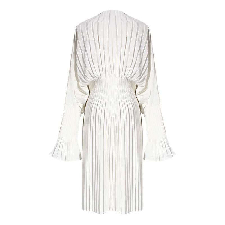 Back view of the Sakiya Pleated Long Sleeve Shirt Dress in white, featuring knee-length design and full sleeves.