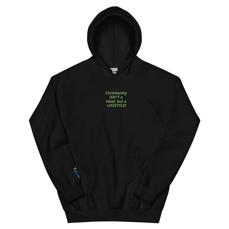 Black unisex hoodie with green text reading &